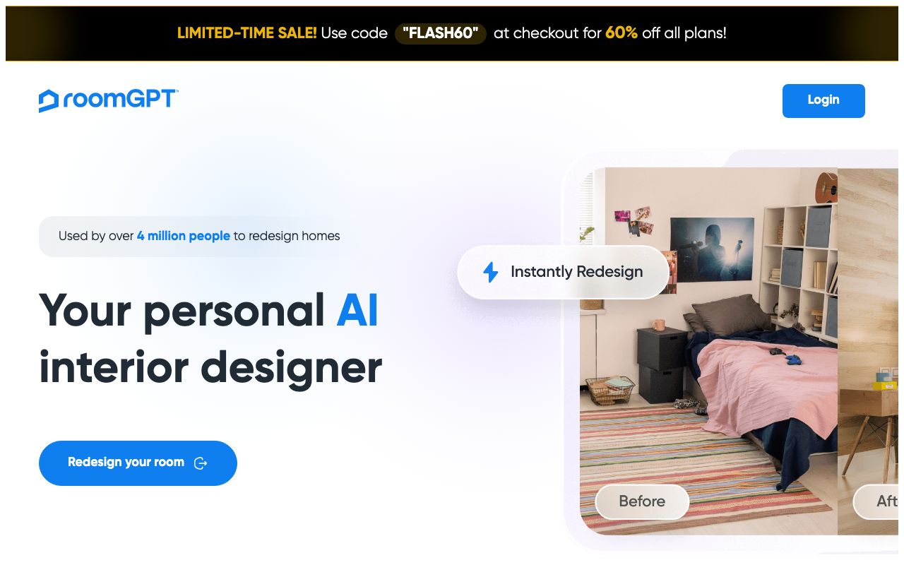 RoomGPT's homepage on 2026-09-06: a before-and-after slider, a claim of more than 4 million users and a limited-time discount banner; plan prices sit behind the login.