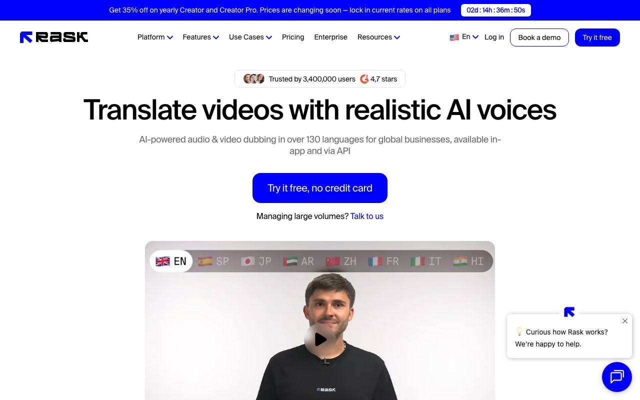 Rask AI's home page with the over-130-languages claim, a Try it free, no credit card button and a banner announcing a coming price change.