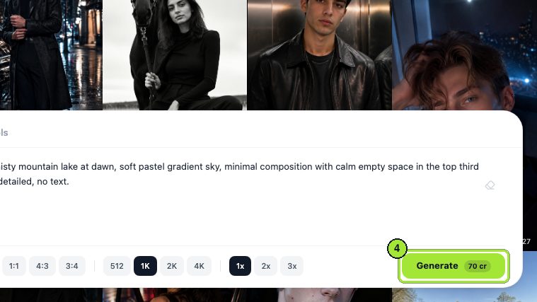 Step 4: Click Generate; Nano Banana costs 70 cr per image.