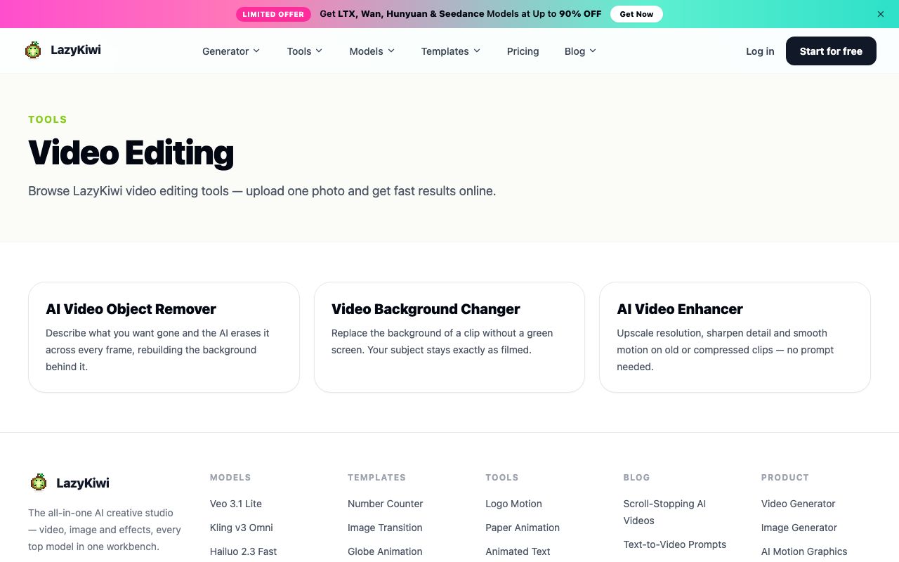 LazyKiwi's Video Editing tools page listing the AI Video Object Remover, Video Background Changer and AI Video Enhancer, the cleanup steps that come before captioning.