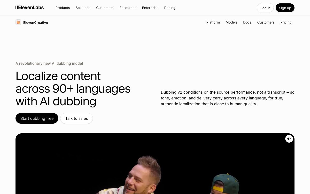 ElevenLabs' Dubbing Studio page, which leads with the 90+ languages figure and describes Dubbing v2 as conditioning on the source performance rather than a transcript.