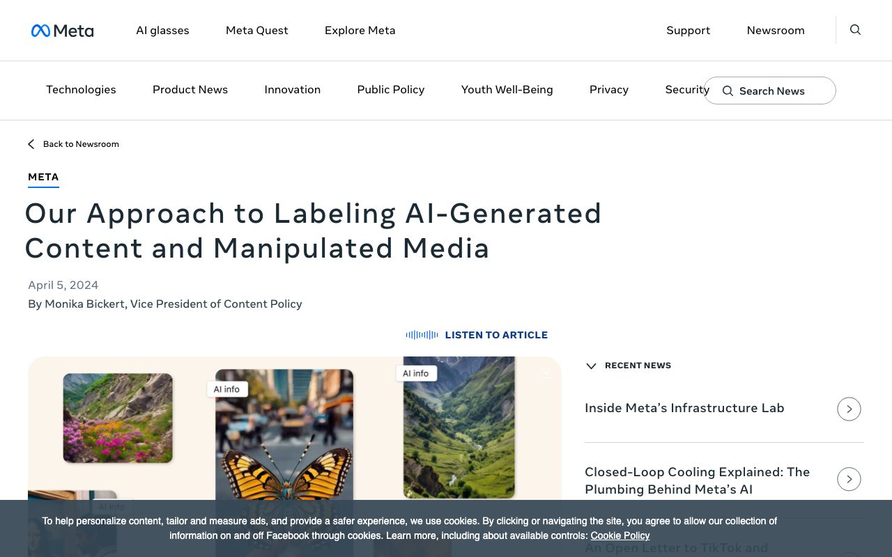 Meta's newsroom post on labelling AI-generated content, captured 2026-09-06: the source of the AI info label on Instagram.