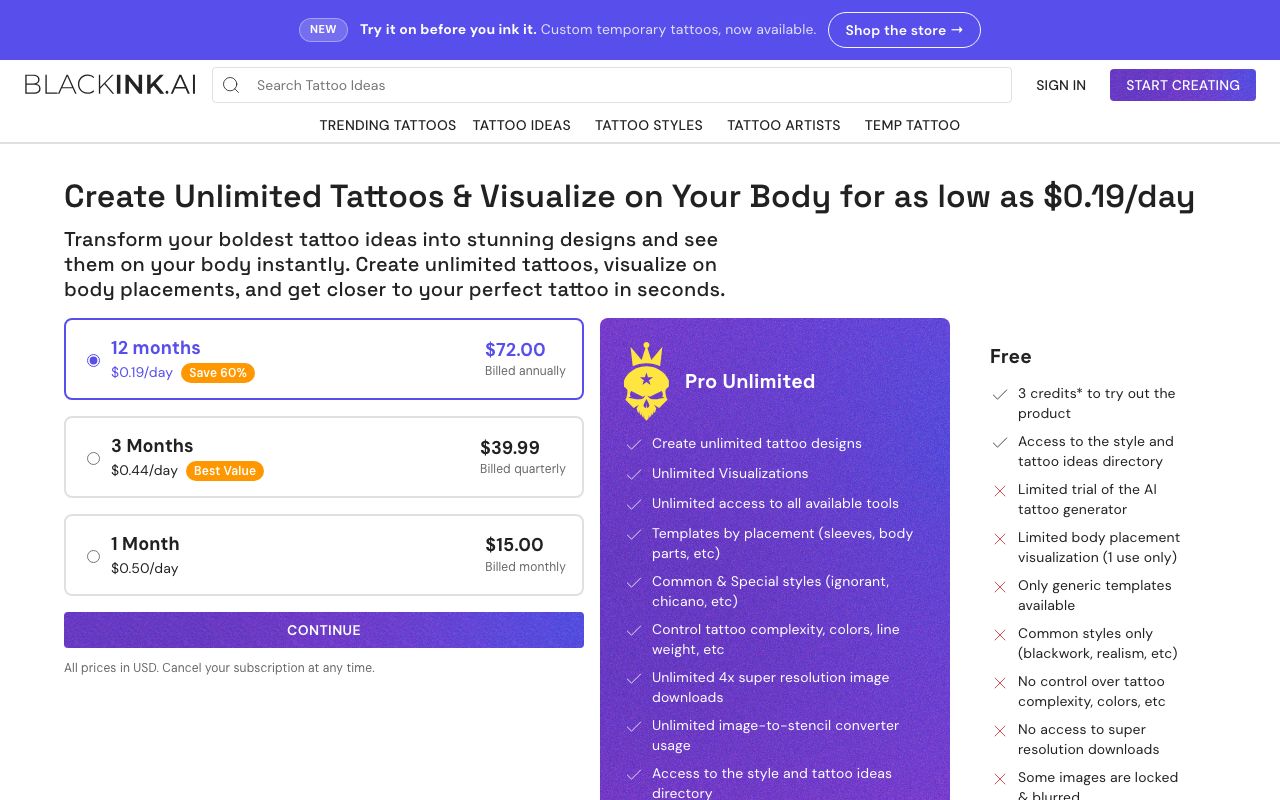 BlackInk's pricing page on September 6, 2026: 12 months at 72 USD, 3 months at 39.99 USD, 1 month at 15 USD, the free tier's 3 credits and single placement visualization, and the Pro feature list including the stencil converter.