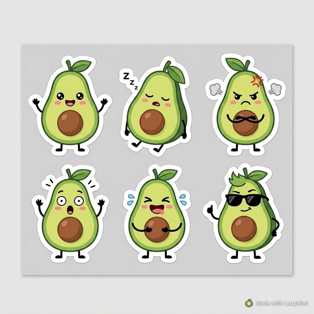The six-sticker sheet generated in LazyKiwi with Nano Banana at 1:1 and 1K (70 credits), ready to cut out; LazyKiwi watermark added.