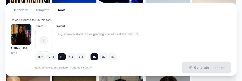 AI photo editor panel on 2026-09-06: upload slot, instruction field with the placeholder 'clean editorial color grading and natural skin texture', and Generate at 13 credits.