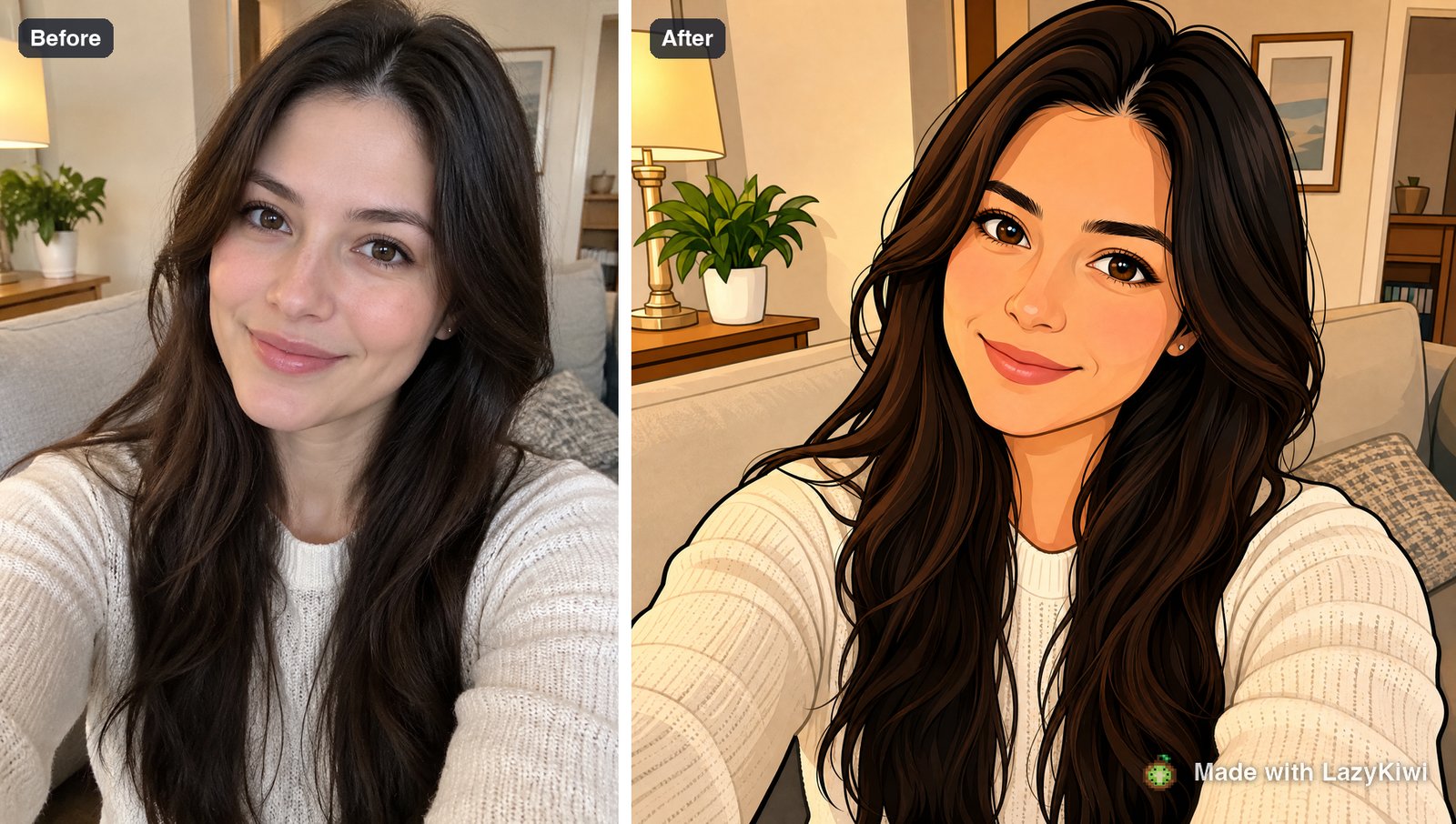 The phone selfie we started with and LazyKiwi's cartoon version from the Convert Pic Into Cartoon template (GPT Image 2, 1:1, 1K, 13 credits); watermarked.
