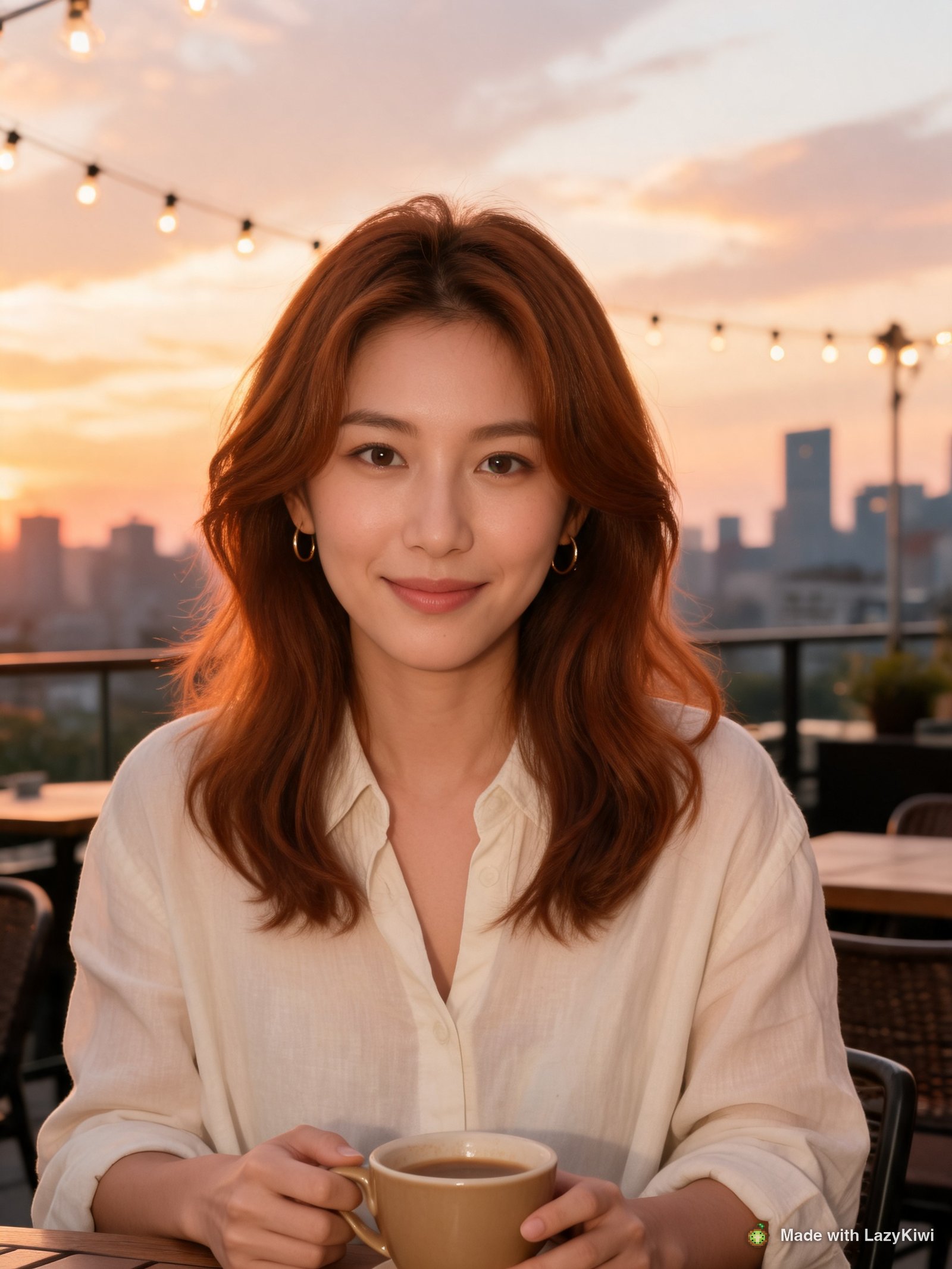 Second post, same character description, new scene (rooftop cafe at sunset): the face and styling stay consistent. Seedream 5.0, 3:4, 2K, 40 credits; watermarked.