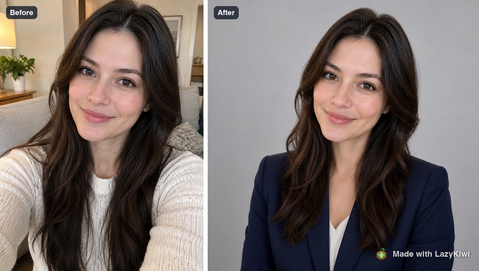 Before and after: a casual selfie in, a studio headshot out, generated in LazyKiwi with the AI Career Headshot template (GPT Image 2, 1:1, 1K, 13 credits); LazyKiwi watermark added.