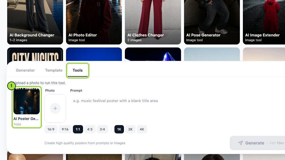 Step 1: Open the AI Poster Generator from the link; it is preselected in the Tools tab.
