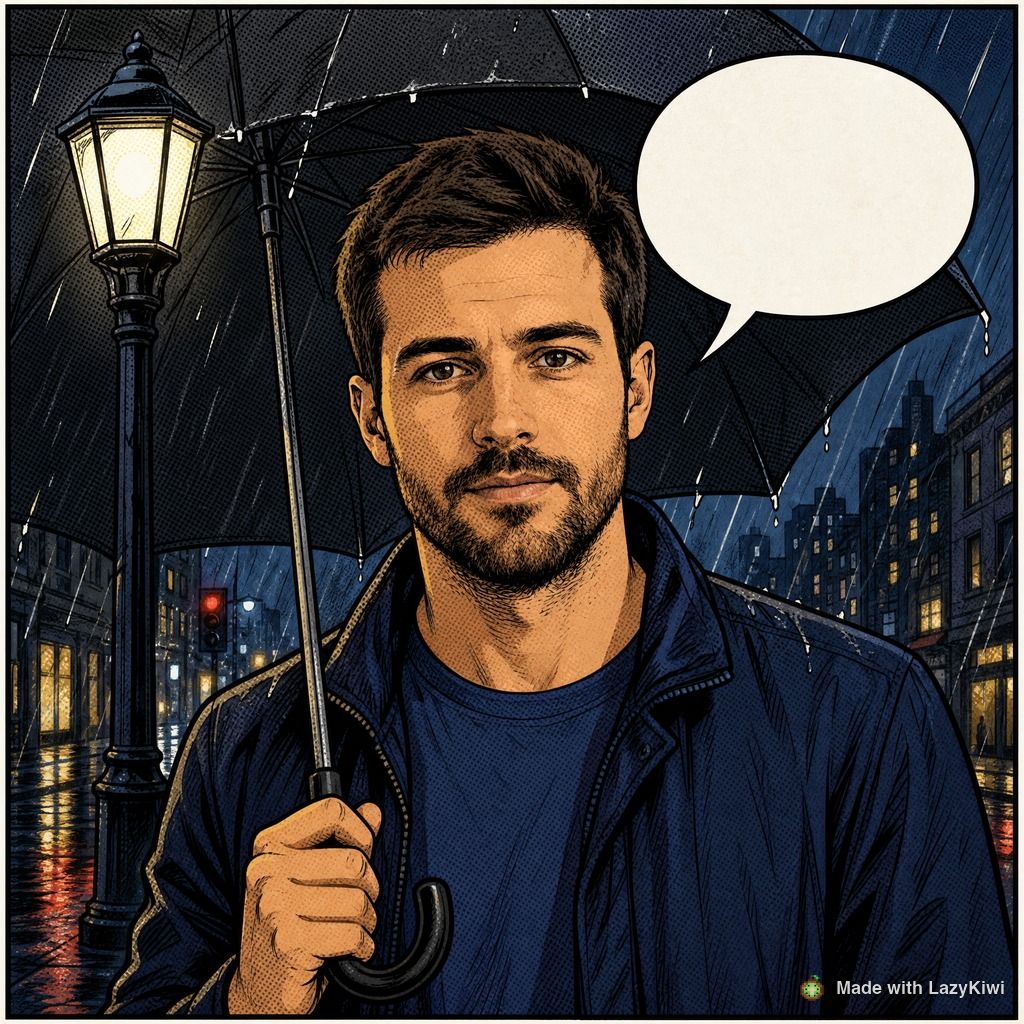 Panel 1 of our demo strip (a different character from the Mina example): the fictional man rendered by GPT Image 2 from the headshot in the Ref box, square at 1K for thirteen credits, watermark added.