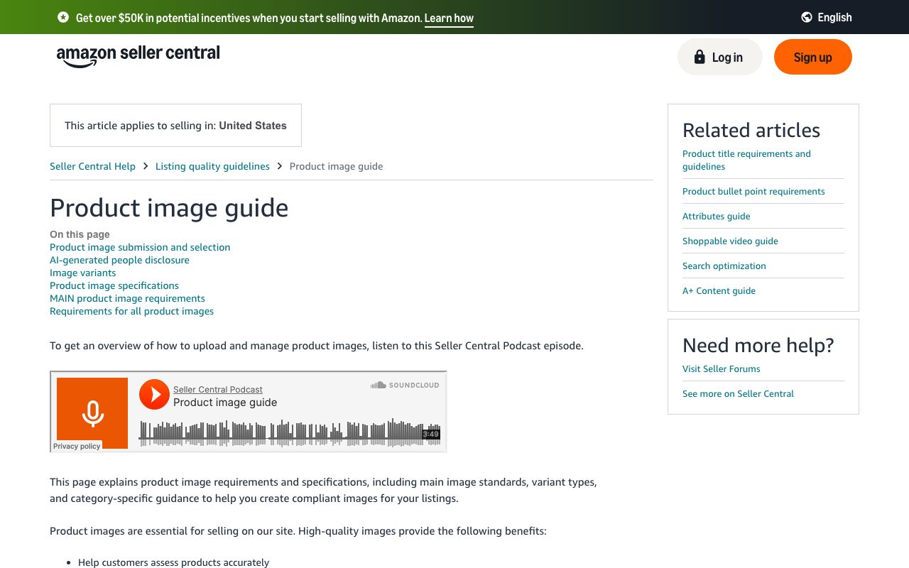 Amazon Seller Central's Product image guide, captured 2026-09-06: the table of contents lists MAIN product image requirements, requirements for all images and an AI-generated people disclosure section.