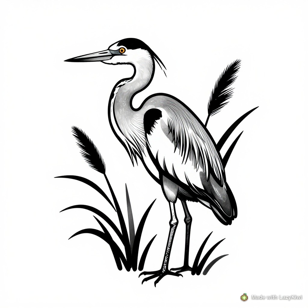 The heron tattoo design generated in LazyKiwi with Z-Image at 1:1 and 1K (2 credits), stencil-ready; LazyKiwi watermark added.
