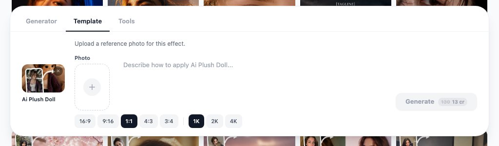 The AI plush doll template in the same Template tab, taking one reference photo and an optional instruction, at the same 13-credit price.