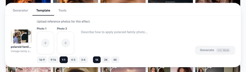 A two-photo template in the LazyKiwi Template tab with Photo 1 and Photo 2 slots, 1:1 at 1K selected and a 13-credit price, the same layout the instant couple portrait template uses.