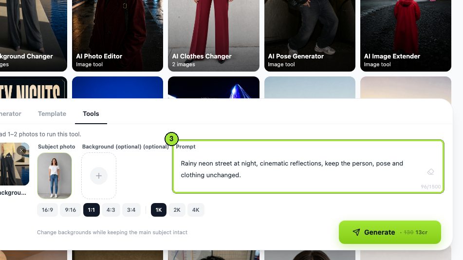 Step 3: Type this in the Prompt box: "Rainy neon street at night, cinematic reflections, keep the person, pose and clothing unchanged."