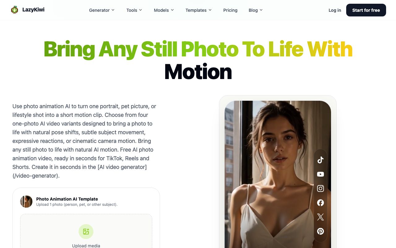 The photo animation AI template page on lazykiwi.ai, which offers four one-photo variants: natural pose shift, subtle subject movement, expressive reactions and cinematic camera motion.
