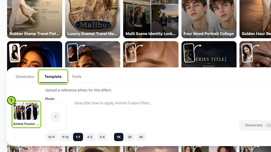 Step 1: Open the Anime Fusion Filter preset from the link; the Template tab shows it selected.