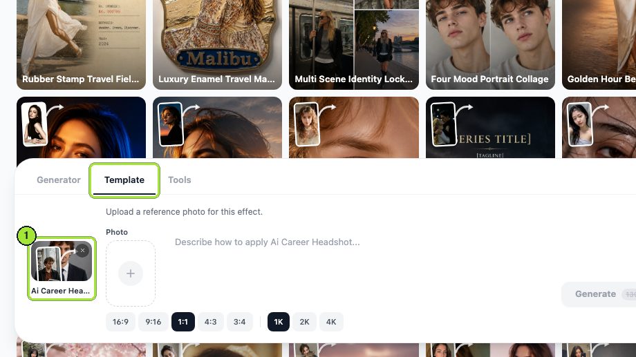 Step 1: Open the AI Career Headshot preset from the link; the Template tab opens with the preset selected in the left panel.
