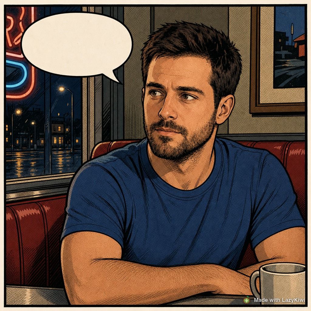 Panel 2 reuses that headshot and every style word; only the setting moved to a diner booth at night, and the face, stubble and jacket survive the move. Empty bubble left for lettering; watermark added.