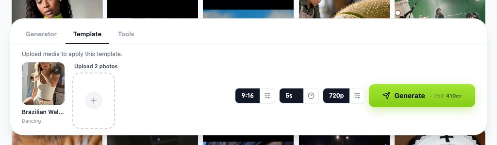 The LazyKiwi video generator's Template tab on September 6, 2026 with a two-photo dancing template selected: an Upload 2 photos slot, 9:16, 5 seconds and 720p, and a Generate button showing 410 credits at a sale price.