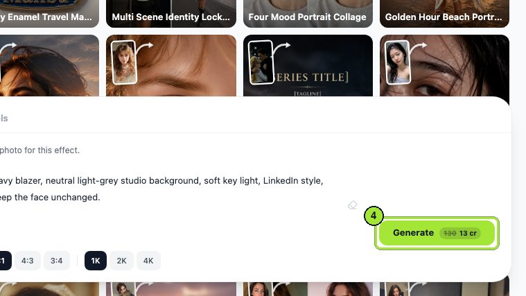 Step 4: Click Generate; the button shows 13 cr for one image at 1K.
