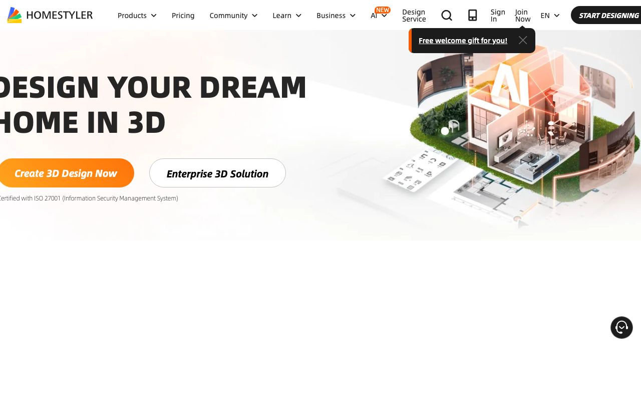 Homestyler's homepage on 2026-09-06, a 3D floor-plan designer with AI features; its pricing page lists a free Basic plan with uncapped 1K renders.