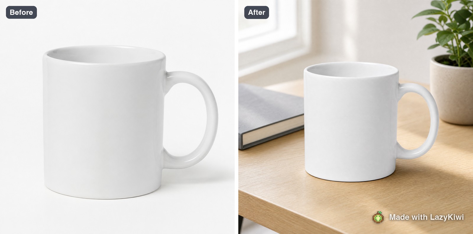 The blank mug from our product shot, re-staged by LazyKiwi on an oak desk beside a notebook and plant; rendered through the product image tool at 1K, square, for 13 credits, watermark added.