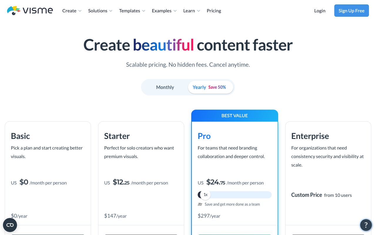 Visme's pricing page on 5 September 2026 with the free Basic plan next to Starter at $12.25 a month per person billed annually.