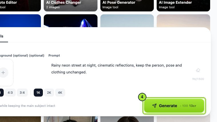 Step 4: Keep 1K and click Generate; the button shows 13 cr.