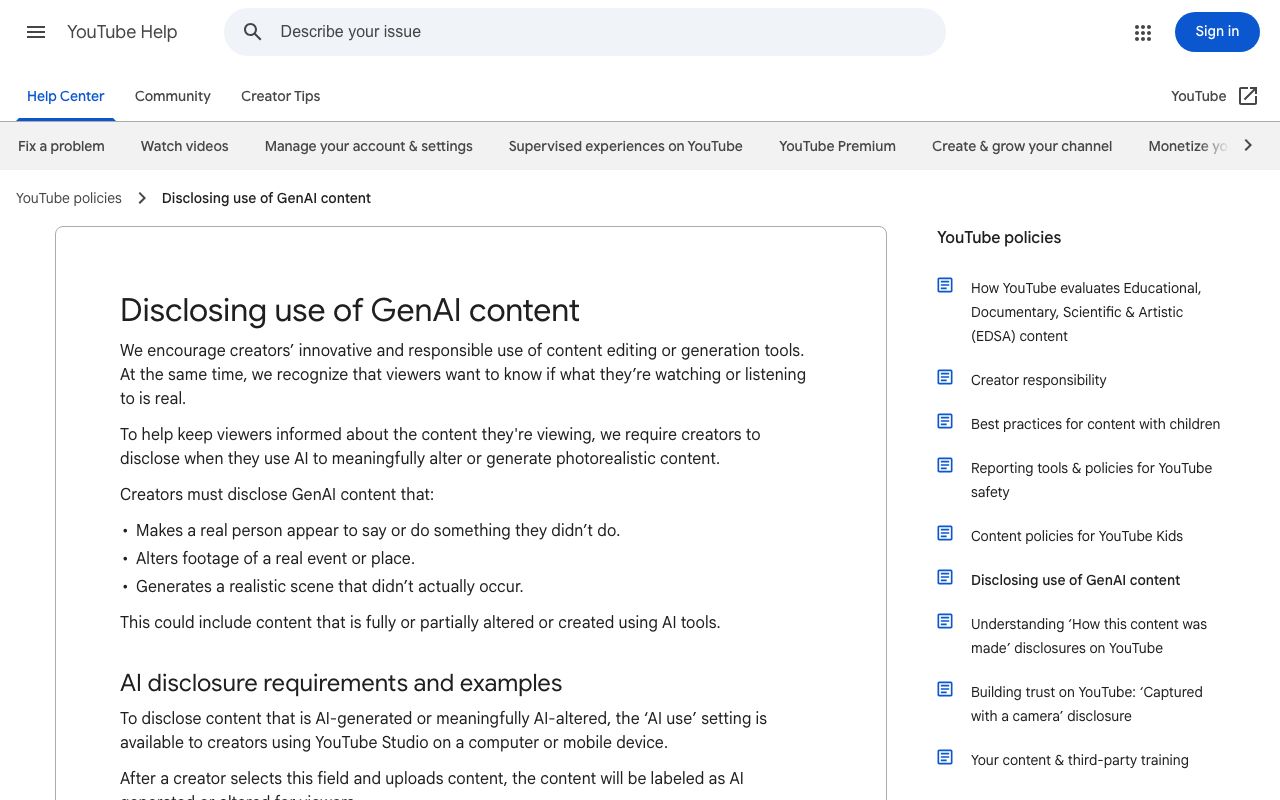 YouTube's 'Disclosing use of GenAI content' help page, listing the three cases that require disclosure and the 'AI use' setting in YouTube Studio that produces the viewer-facing label.