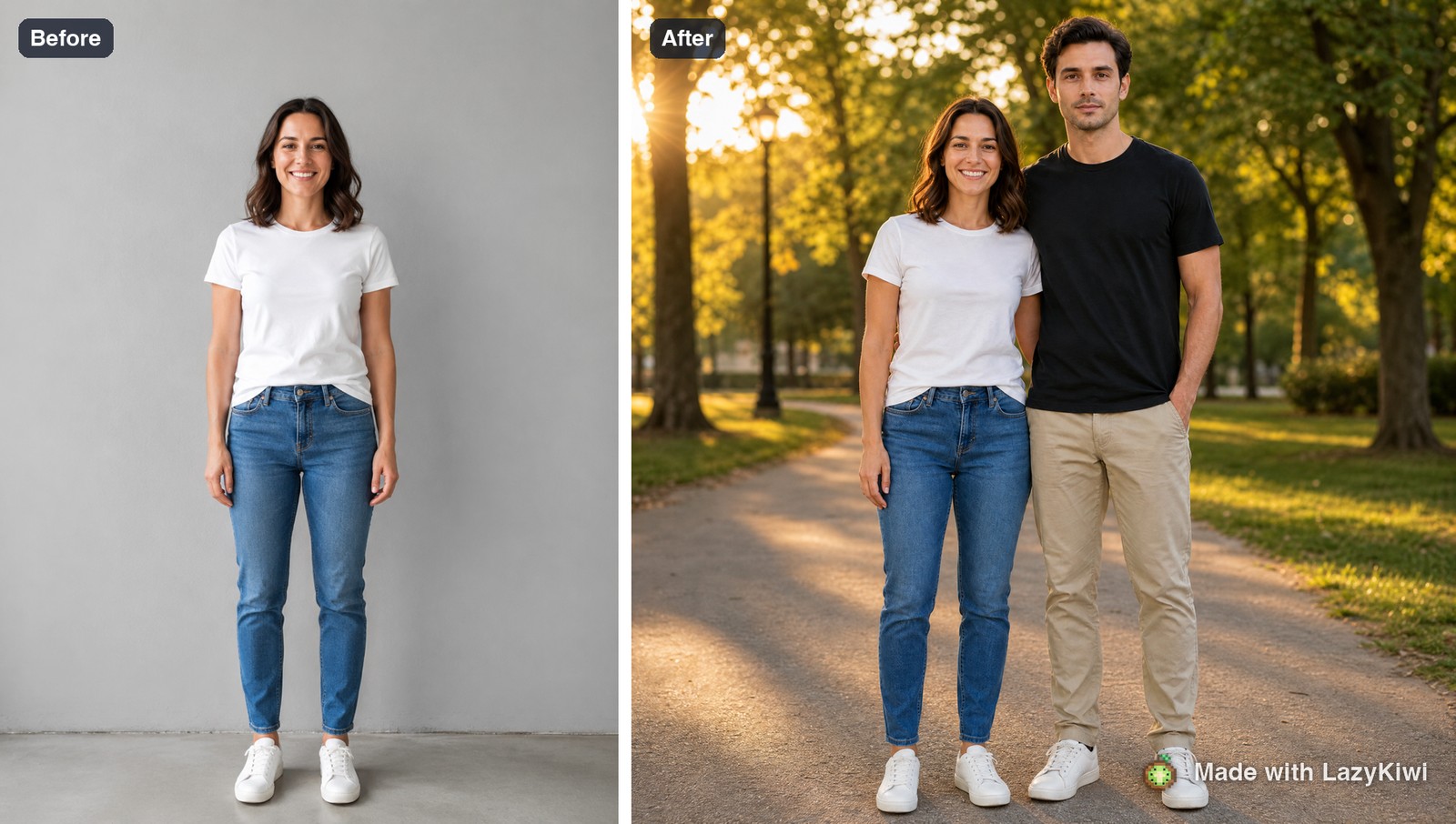 Two separate studio photos in, one couple photo out: LazyKiwi's AI Image Combiner (GPT Image 2, 1:1, 1K, 13 credits) with the prompt above; watermarked.