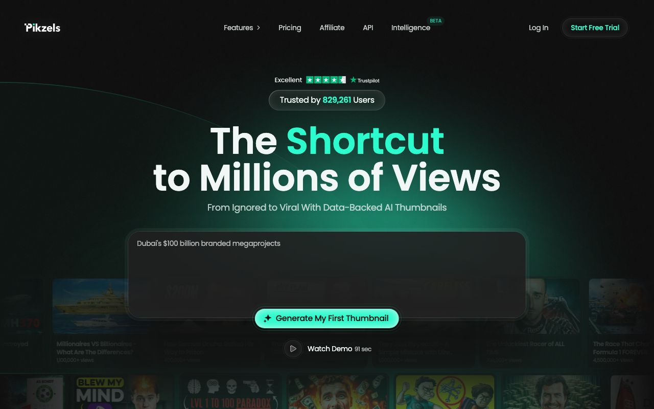 The Pikzels homepage on September 6, 2026, a dedicated thumbnail generator whose pricing page lists annual plans, per-thumbnail credit costs and a free trial.