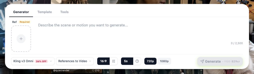 The video composer with a different engine selected (Kling v3 Omni in references-to-video mode) on 6 September 2026: same panel, same ratio, duration and resolution controls, price on the button.