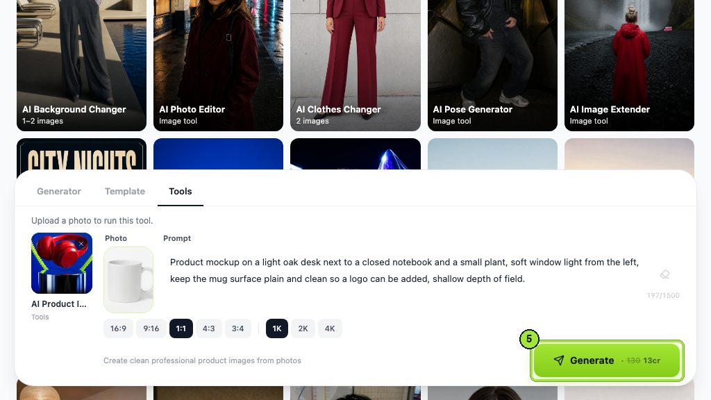 Step 5: With the photo in place Generate goes green and quotes 13 cr; nothing is charged until you click.