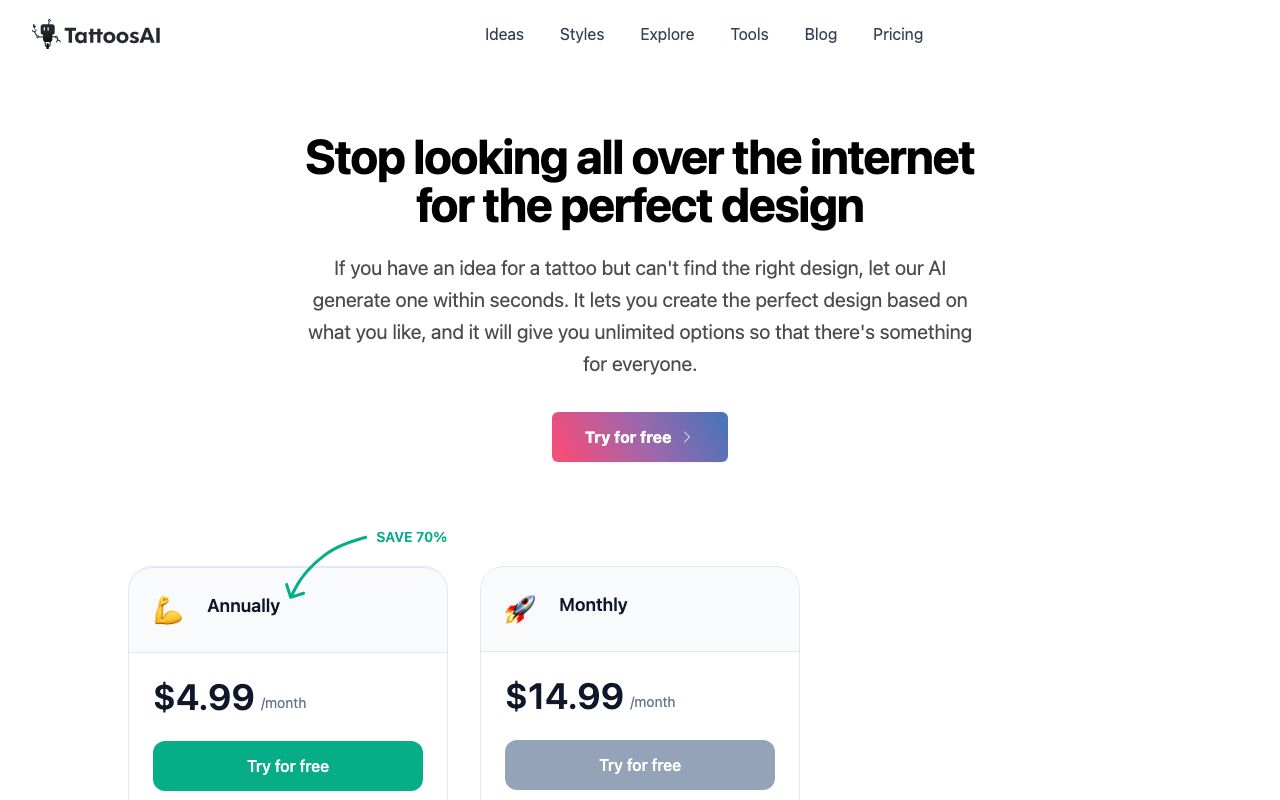TattoosAI's pricing page on September 6, 2026 with the annual plan at 4.99 USD a month, the monthly plan at 14.99 USD, and Try for free buttons on both.