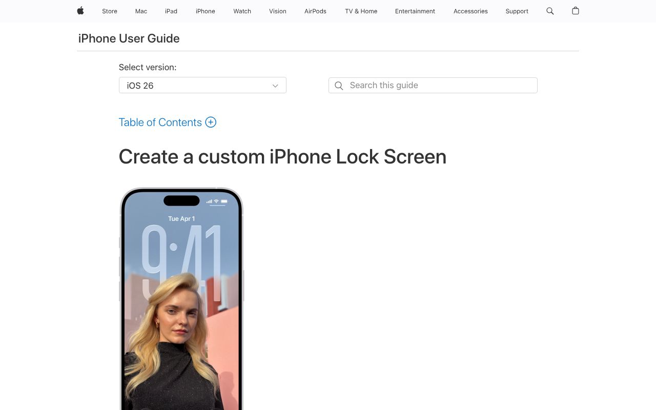 Apple's iPhone User Guide page for creating a custom Lock Screen on iOS 26, which shows the clock band that a phone wallpaper has to leave clear.