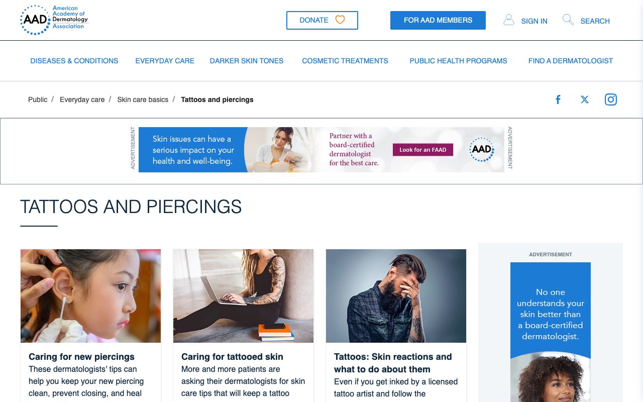 The American Academy of Dermatology's tattoos and piercings page on September 6, 2026, with its guides to caring for tattooed skin and to skin reactions after tattooing.