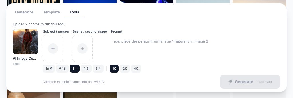 The AI Image Combiner in the LazyKiwi Tools tab: a subject slot for the design, a second slot for the skin photo, the example prompt for placing image 1 in image 2, and a 13-credit price.