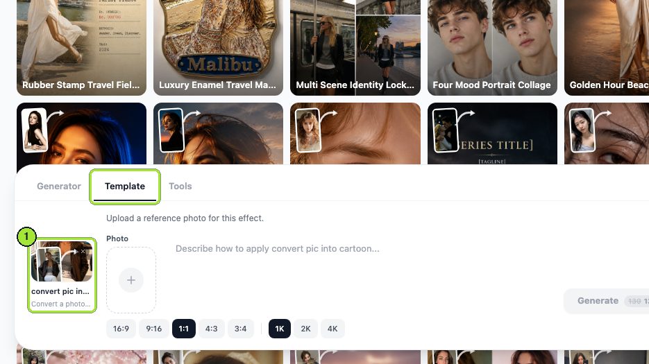 Step 1: Following the template link puts Convert Pic Into Cartoon in the composer chip with the Template tab active; no browsing needed.