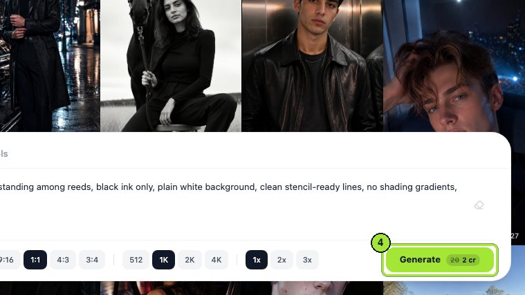 Step 4: Click Generate; a Z-Image draft costs 2 cr.