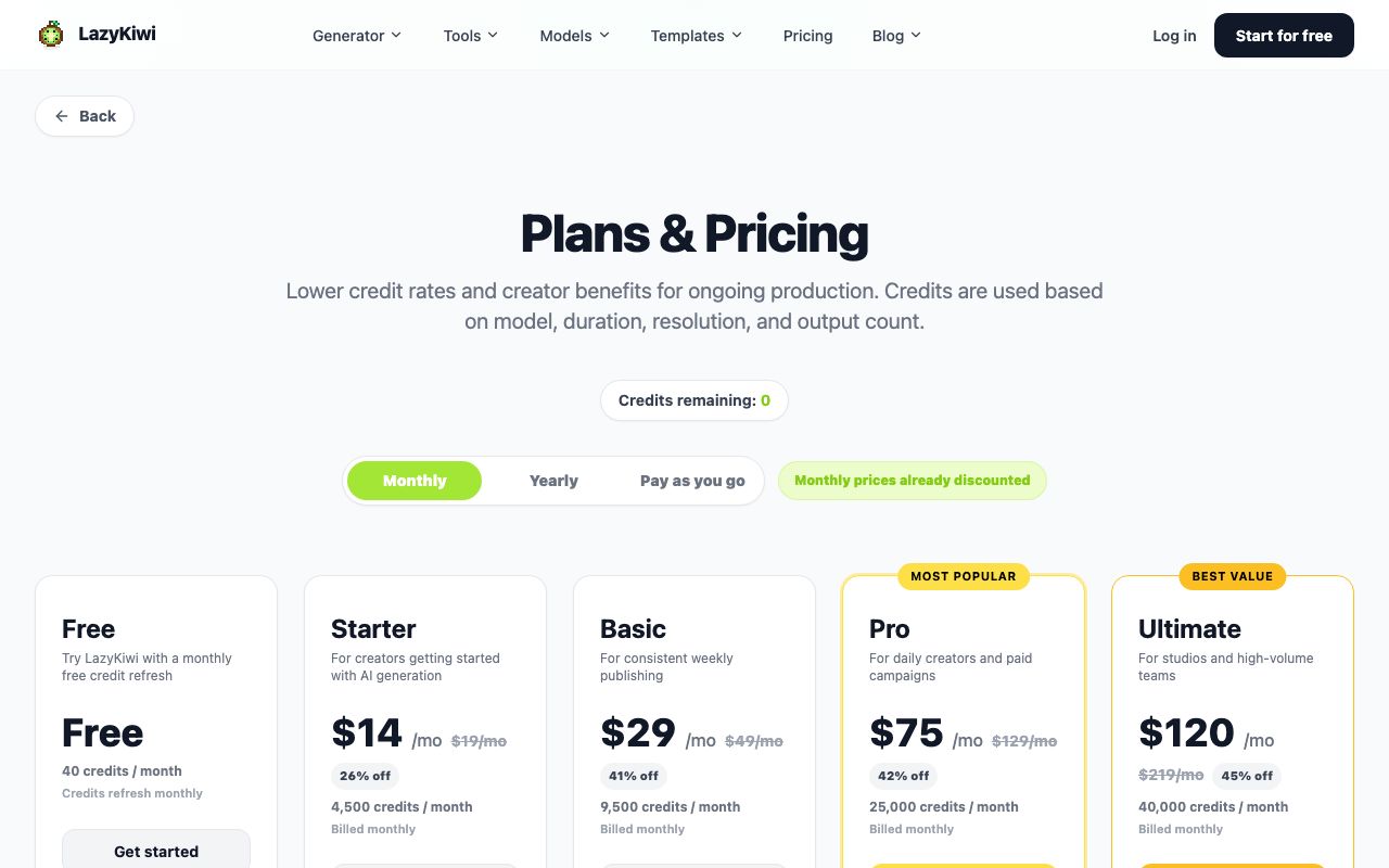 The pricing page as captured on 6 September 2026: a free tier of 40 credits a month, then Starter at $14 for 4,500 credits.