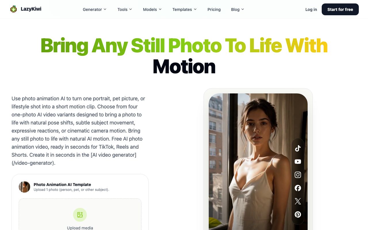 The LazyKiwi photo animation template page, which offers four one-photo AI video variants and an upload box for a single portrait, pet or lifestyle shot.