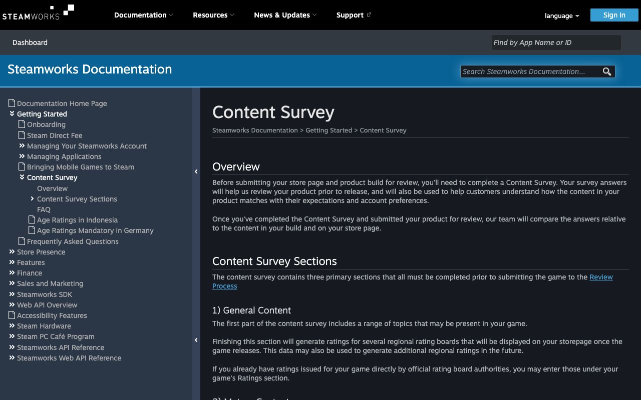 The Steamworks Content Survey documentation page, whose sections cover general content, mature content and generative AI content that must be completed before submission.