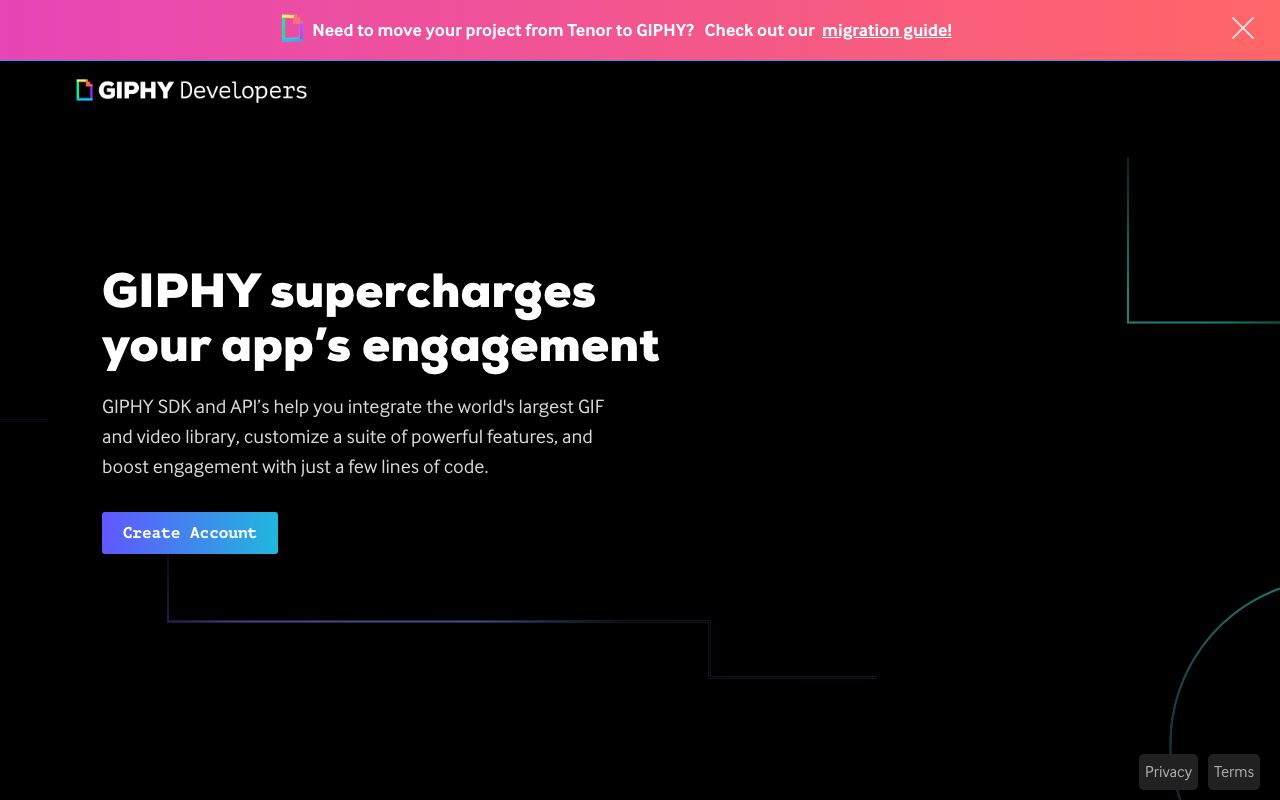 GIPHY Developers on 2026-09-05, with a banner pointing Tenor API users to a migration guide; GIPHY's SDK and API are how reaction GIFs reach keyboards and chat apps.