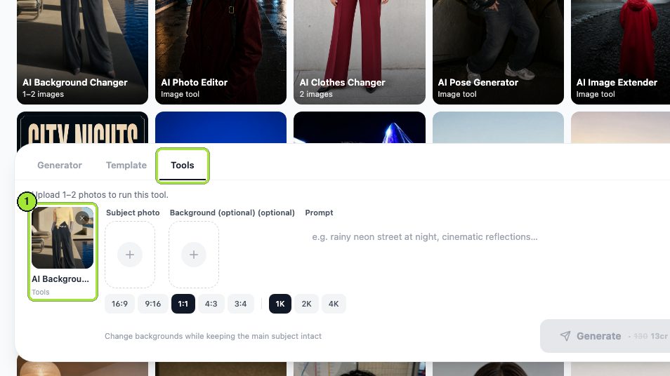 Step 1: Open the AI Background Changer from the link; the Tools tab shows it selected.
