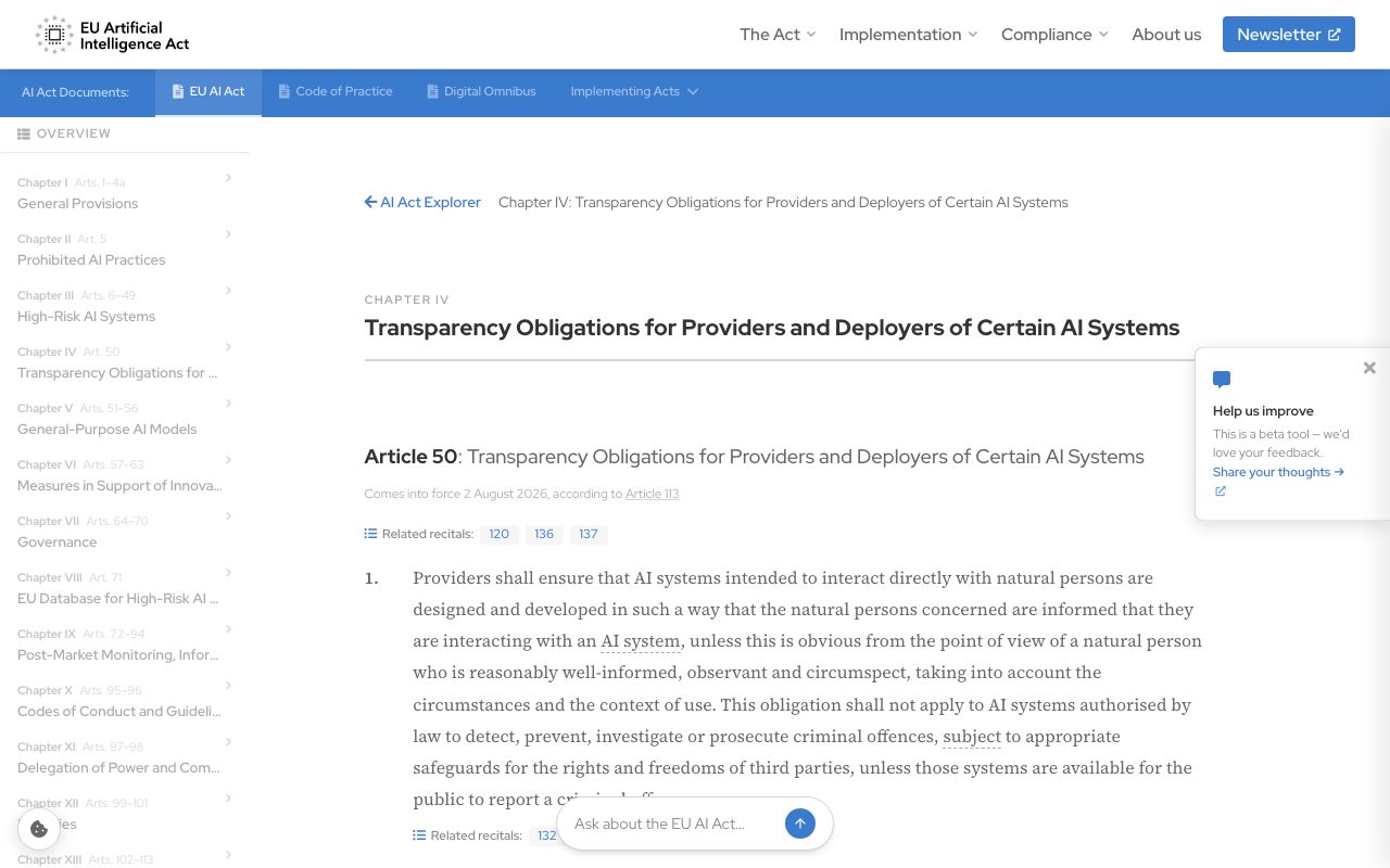 Article 50 of the EU AI Act on the AI Act Explorer, showing the transparency obligations for providers and deployers and the note that the article comes into force on 2 August 2026.