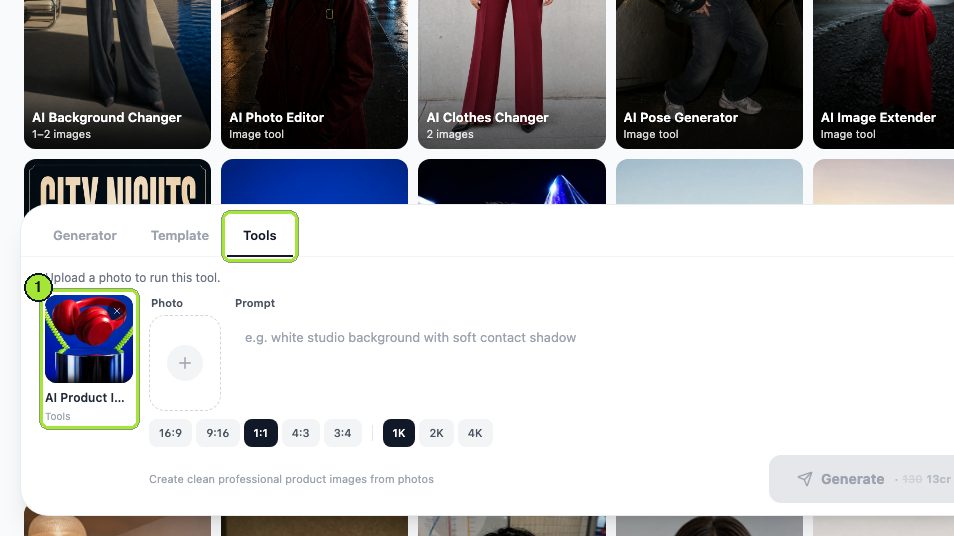 Step 1: Arriving via the tool link, the Tools tab is active and the AI Product Image Generator chip sits in the composer; 1:1 and 1K are the defaults.