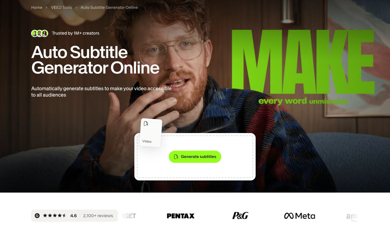 VEED's auto subtitle generator landing page, with the upload box and a Generate subtitles button; the FAQ lower on the page states the $20/month Creator plan entry point.
