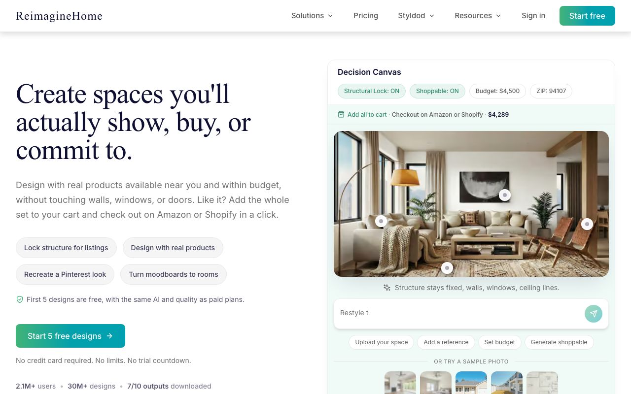 REimagineHome's homepage on 2026-09-06 with its Structural Lock and Shoppable toggles, a budget field, and five free designs for new users.