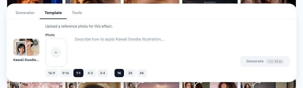 The kawaii doodle illustration template output: the portrait kept photographic with crayon hearts, stars and dashes drawn around it.